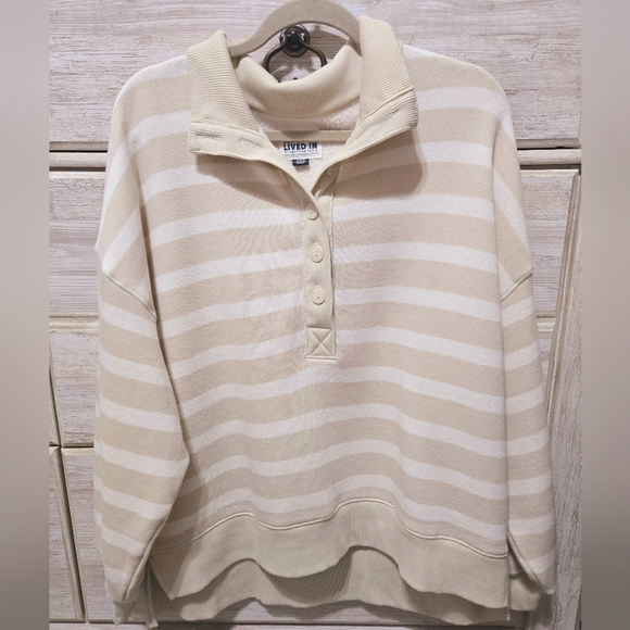 AE Big Hug Henley Sweatshirt Beige Cream Striped Fall Tops - Picture 6 of 8